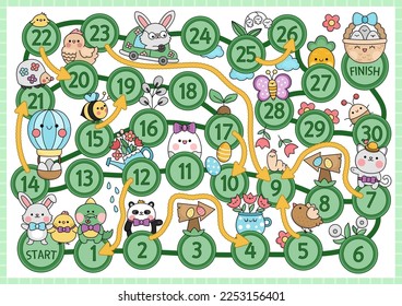 Easter board game for children with funny animals going for egg hunt with basket. Spring holiday party boardgame with bunny, chick, flowers, birds. Cute garden printable roll a dice activity