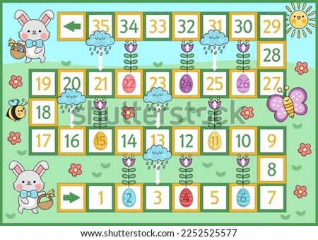 Easter board game for children with funny bunny going for egg hunt with basket. Spring holiday party boardgame with flowers, rain, sun, bumblebee. Cute garden printable roll a dice activity
