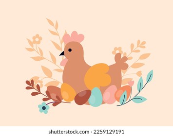 Easter boho chicken with eggs. Symbol of spring season, culture, religion and traditions. Poster or banner for website. Flora and fauna, foliage and branch. Cartoon flat vector illustration