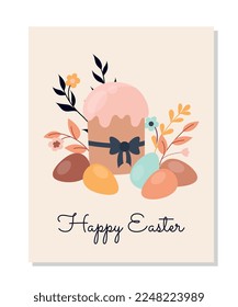 Easter boho greeting card. Easter cake and colorful eggs on background of spikelets and plants. Traditions, culture and religion. Aesthetics, beauty and elegance. Cartoon flat vector illustration