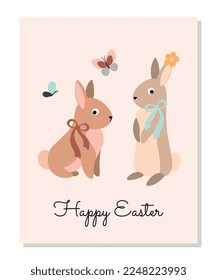 Easter boho greeting card. Two hares with ropes and insects, butterflies and flowers. Template, layout and mock up. Poster or banner for website. Flora and fauna. Cartoon flat vector illustration