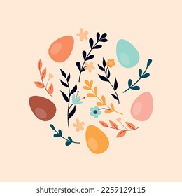 Easter boho leaves with eggs. Nature and fauna, spring summer season. Flowers and plants, aesthetics and elegance. Design element for invitation and greeting postcard. Cartoon flat vector illustration