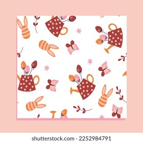 Easter boho seamless patterns. Repeating design element for printing on fabric. Branches of plants, eggs with ears and butterflies. Traditions, culture and religion. Cartoon flat vector illustration