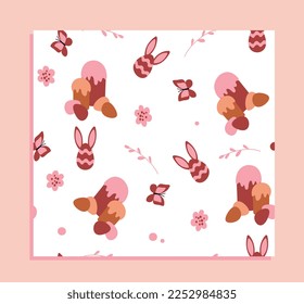 Easter boho seamless patterns. Repeating design element for printing on wrapping paper. Cakes and eggs. Design element for greeting card. Spring season and holiday. Cartoon flat vector illustration