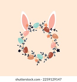 Osterbohenkranz mit Eiern. Rahmen und Rahmen, Dekoration. Platz für Text, Vorlage, Layout und Muster. Flora und Flasche, Frühling und Sommer, Urlaub. Cartoon-Flavektor-Vektorgrafik
