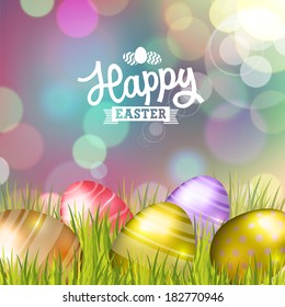 Easter bokeh background with eggs on meadow of purple colors. Vector eps10.