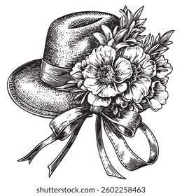 Easter bonnet with floral decorations and intricate ribbons