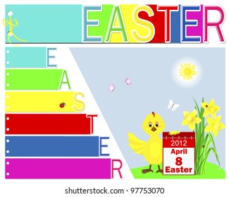 Easter booklet with yellow ribbon and bow. Pages with carved along the edge of the letters E, A, S, T, E, R. Chicken with calendar and daffodils in the grass. Vector eps 10.