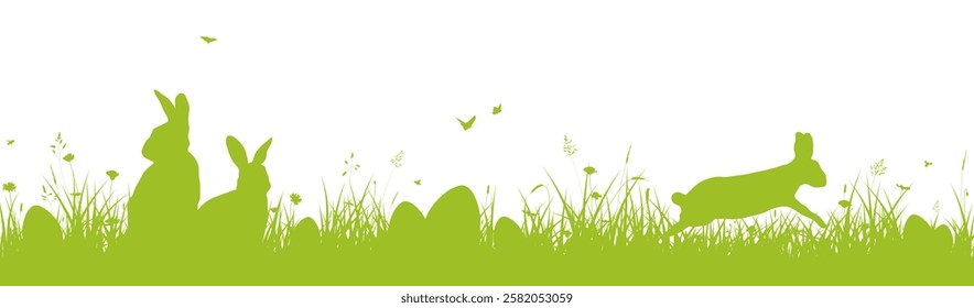 Easter border, Easter banner, bunny and egg on grass