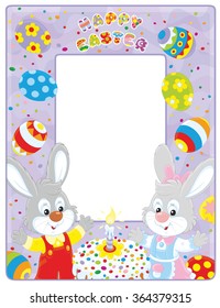 Easter border with bunnies, a fancy cake and colorfully painted eggs