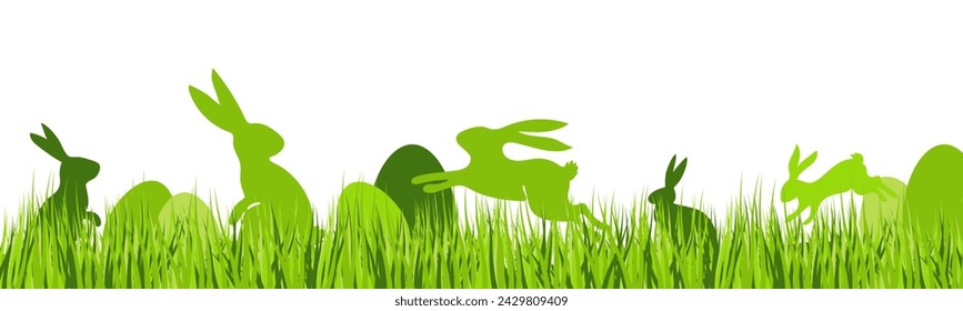 Easter border with easter bunny and colored eggs hiding in realistic green grass isolated on white. Egg Hunting clip art. Vector illustration