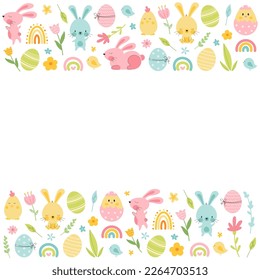 Easter border with bunny, eggs, rainbow, flowers