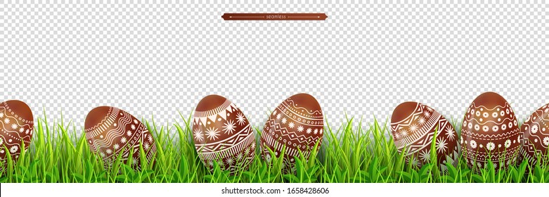 Easter border with chocolate Easter eggs hidden in green meadow grass Isolated on a transparent background. Decoration for festive design. Vector illustration