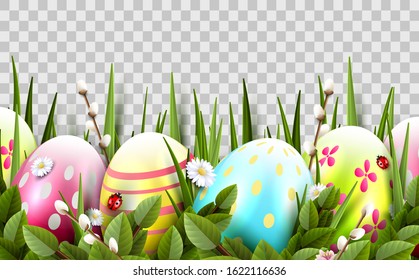 Easter border with colorful eggs in the grass. transparent background