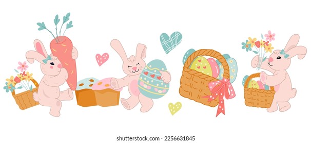 Easter border or composition design with bunnies characters in cute kawaii style, flat vector illustration isolated on white. Funny hand drawn rabbits with easter eggs.
