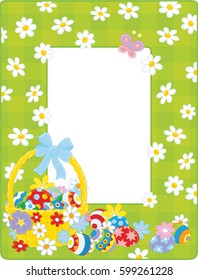 Easter border with a decorated basket, colorful flowers and painted eggs