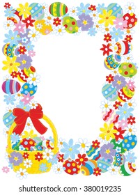 Easter border with a decorated basket, painted eggs and flowers