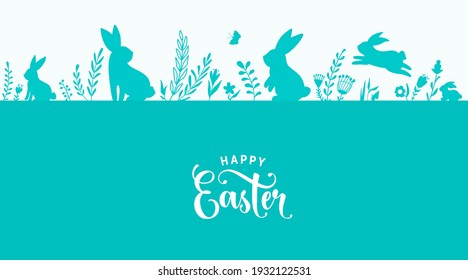 Easter border design vector illustration. Holiday pattern with blue bunnies, flowers, plants, butterfly silhouettes isolated on white background. Text greeting sign. Simple flat style.