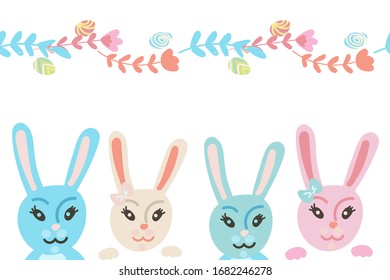 Ostergrenze auf Doodle-Stiel. Hase, Blumenbürste, Ei. Pastellfarben