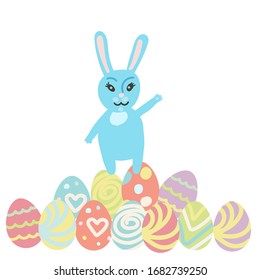 Easter border in doodle stile. Bunny, floral brush, egg. Pastel colors