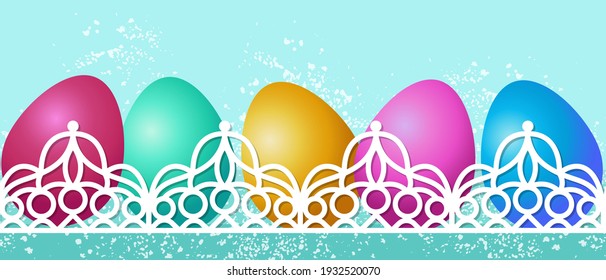 Patrón horizontal sin soldadura con huevos de Pascua de colores. Borde de Semana Santa con diseño de encaje decorativo. Ilustración vectorial.