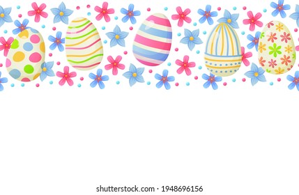 Easter border with eggs, lives and flowers. Spring template. Stock vector illustration in cartoon realistic style.