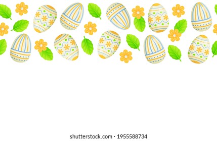 Easter border with eggs, lives and flowers. Spring template. Stock vector illustration in cartoon realistic style