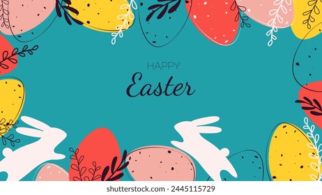 easter border frame with eggs and bunny silhouettes