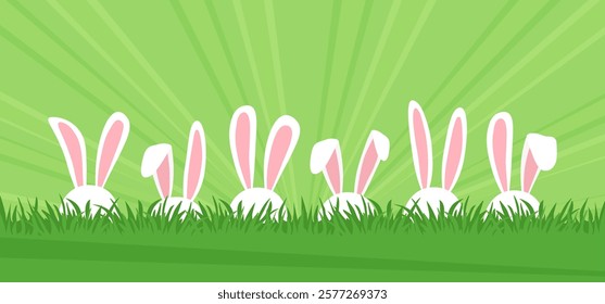 Easter border grass with bunny ears, egg hunt, spring rabbit. Cartoon green field and hare. Holiday banner meadow and cute animal. Funny vector illustration