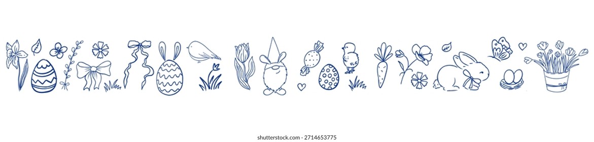 Design horizontal da borda da Páscoa com coelhos, flores, ovos de páscoa elementos de primavera, fundo sem costura, decoração de estêncil. 