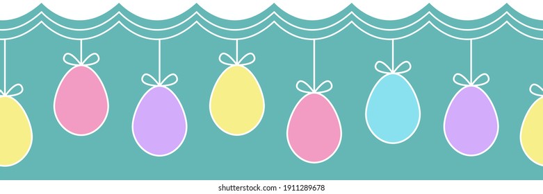 Easter border. Horizontal seamless pattern with hanging Easter eggs. Easter garland, great for banners, postcards, packaging designs. vector illustration