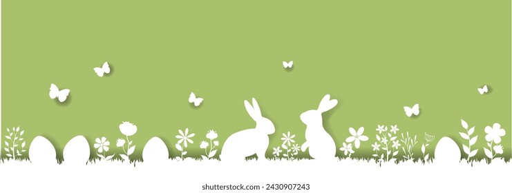 Easter Border With Rabbit With Green background With Gradient Mesh, Vector Illustration