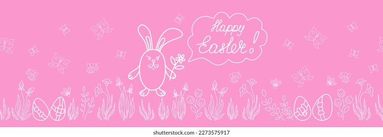 Easter border with rabbit, lettering Happy Easter in the speech bubble, flowers, bee, butterflies. Cute seamless border for greeting or invitation card, web banner orother design. Vector illustartion.