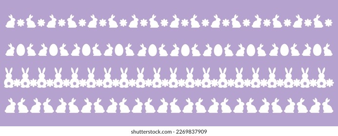 Easter border set with bunny, eggs and flowers, spring ornament, holiday decoration, vector decorative elements