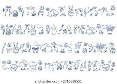 Osterrand Set horizontales Design mit Hasen, Blumen, Ostereier Frühlingselemente, nahtlosen Hintergrund, Schablonendekoration. 