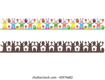Easter borders with eggs, flowers and hares. One strip with colors and one silhouette strip.