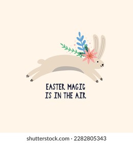 Easter bouncing bunny with spring flowers. Cartoon Rabbit character. Happy Easter holiday concept for egg hunt design, print, social media, poster, postcard. Modern Flat Style