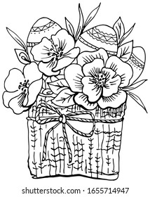 Easter bouquet with easter eggs and flowers, coloring. Сomputer graphics vector  illustration. Perfect for spring invitations. Funny element for your design. EPS 8.