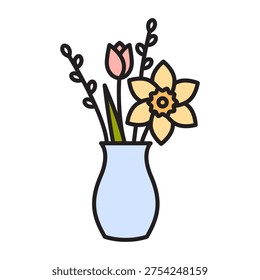 Easter bouquet linear icon with editable stroke and color fill. Spring flowers in blue vase: pink tulip, yellow daffodil, pussy willow. Flat vector floral illustration for spring season.