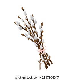 Easter bouquet from spring twigs easter blossom pussy willow tree with a bow. Vector spring holiday illustration in cartoon flat style isolated on a white background.
