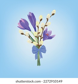 Osterhuhn. Wilde Zweige und Krokusblumen auf blauem Hintergrund. Urlaubspostkarte.