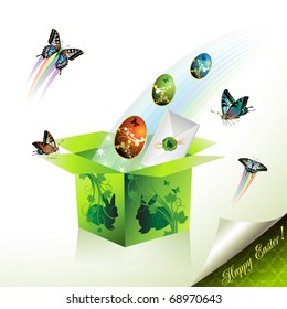 Easter box  with decorated eggs and envelope, illustration card