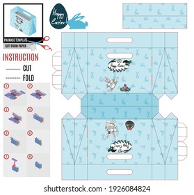 plantilla de caja de Pascua con conejo y huevos pintados. vector de esbozo de doodle