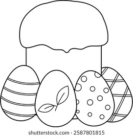 Easter bread and decorated easter eggs. Outline vector illustration with transparent background.