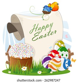Easter bread and painted eggs with a paper scroll on a green meadow with a wooden fence and flowers. Easter invitation