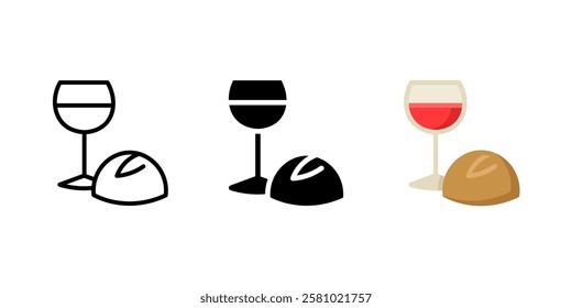 Easter bread and wine icon. Traditional religious meal sign. Christian sacrament symbol of faith. Holy communion with glass pictogram. Spiritual celebration illustration.