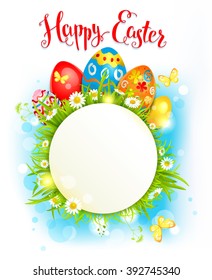 Easter bright card for design card, banner,ticket, leaflet and so on.Template page with handwritten inscription Happy Easter. Holiday card. Place for text.