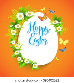 Easter bright card with flowers. Background for design card, banner,ticket, leaflet and so on.Template page with handwritten inscription Happy Easter. Holiday card. Place for text.