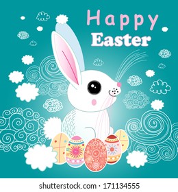 Easter bright festive card with rabbit and cheerful clouds 