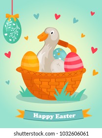 Easter bright postcard with funny duck sitting in the basket with eggs